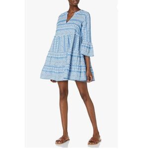 NWT Mud Pie Womens Above The Knee Cotton V Neck 3/4 Sleeve Tiered Blue Dress S